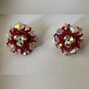 Vintage Vendome Red Beaded Aurora Borealis Crystal Clip-On Earrings